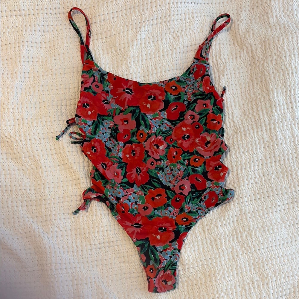 Zara Red Floral One-Piece Swimsuit with Green Accents